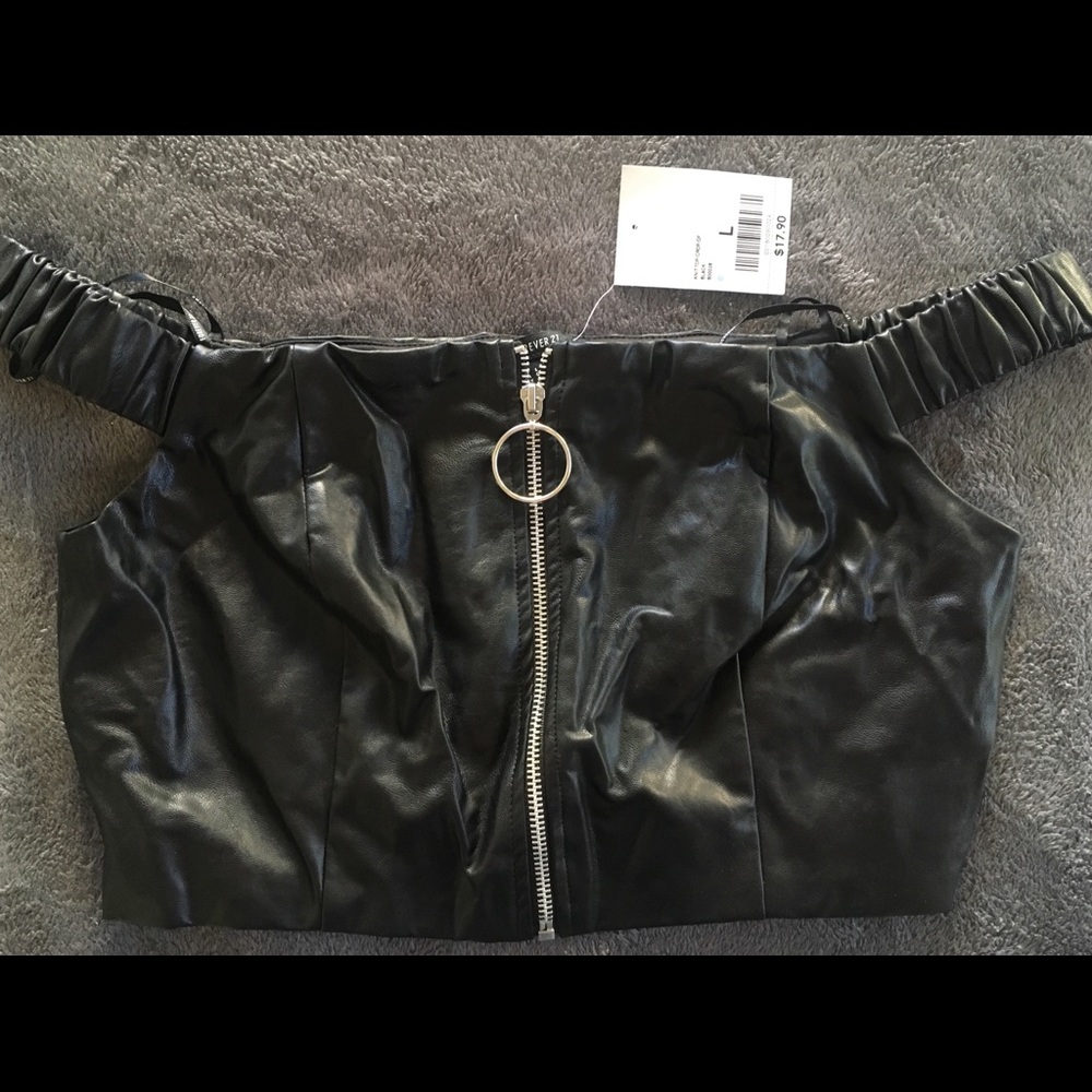 NWT faux leather off shoulder top, zipper detail